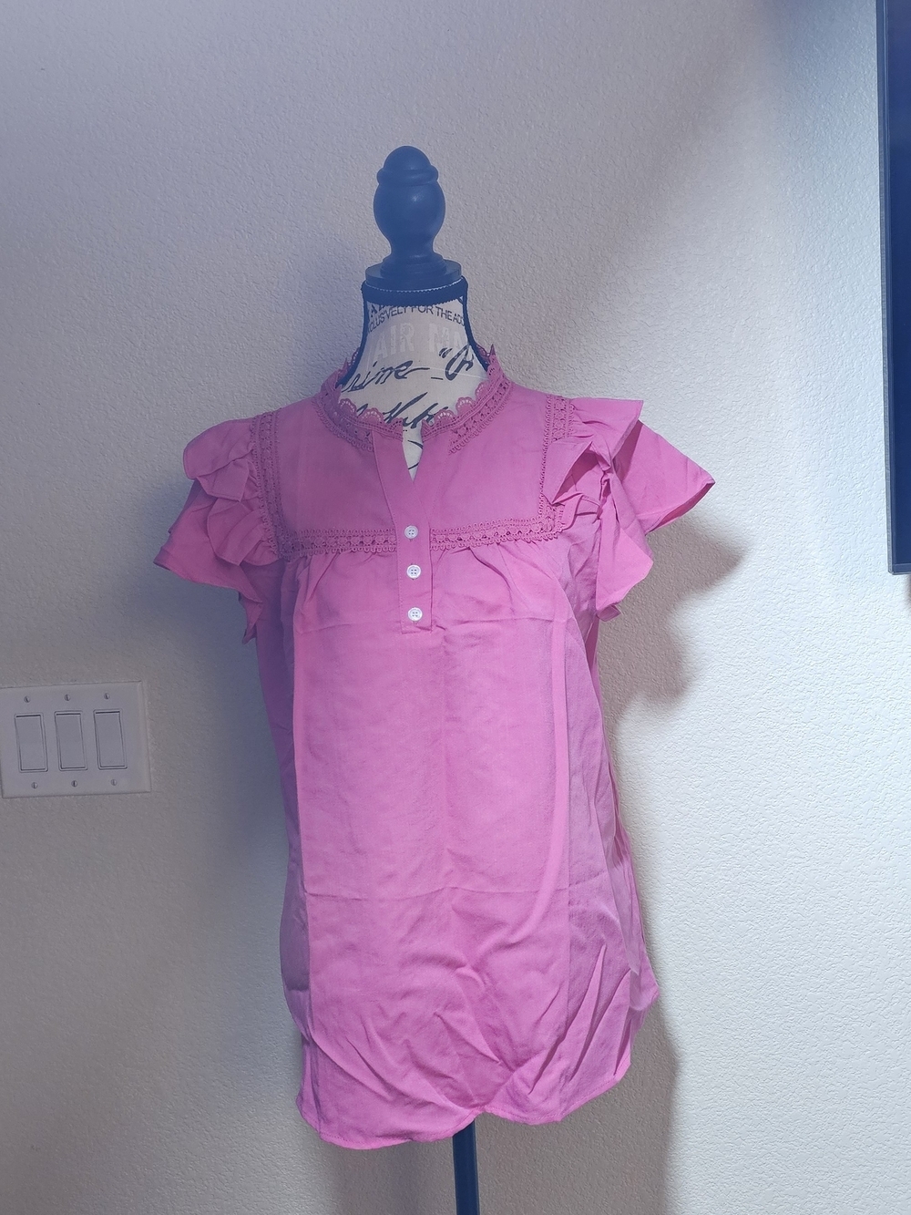 Womens Bright Pink Ruffle Sleeve Button Front Top - Picture 3 of 10